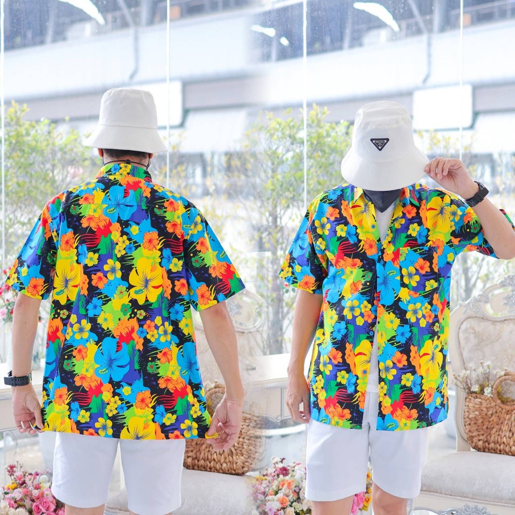 PINKรวมเสื้อเชิ้ตลายดอกผู้ชาย ทรงตรง ผ้าคอตตอน100% สีไม่ตก ผ้าไม่หด ลายคมชัด งานป้าย