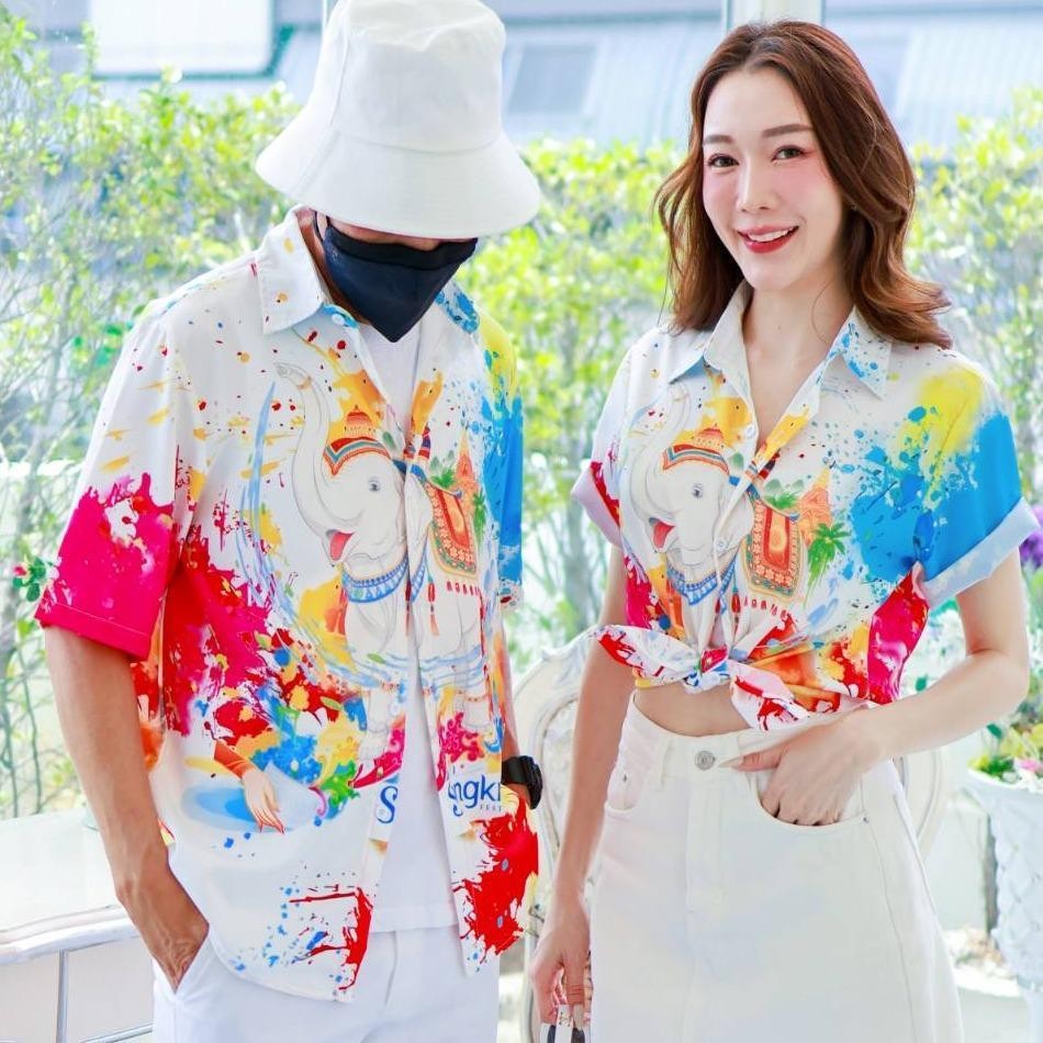 PINK3117เสื้อฮาวายลายช้างSongkran ไซส์เด็ก-ผู้ใหญ่8XL ครบทีม ผ้าโพลีพลีเมี่ยม ทรงวัยรุ่น หญิงชายใส่ได้ ลายคมชัด **1ตัว**