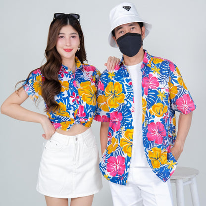 PINK030เสื้อเชิ้ตลายดอก ผ้าคอตตอน100% สีไม่ตก ผ้าไม่หดทลายคมชัด มีไซส์หญิงชาย34-56นิ้ว งานป้ายKTIER**1ตัว