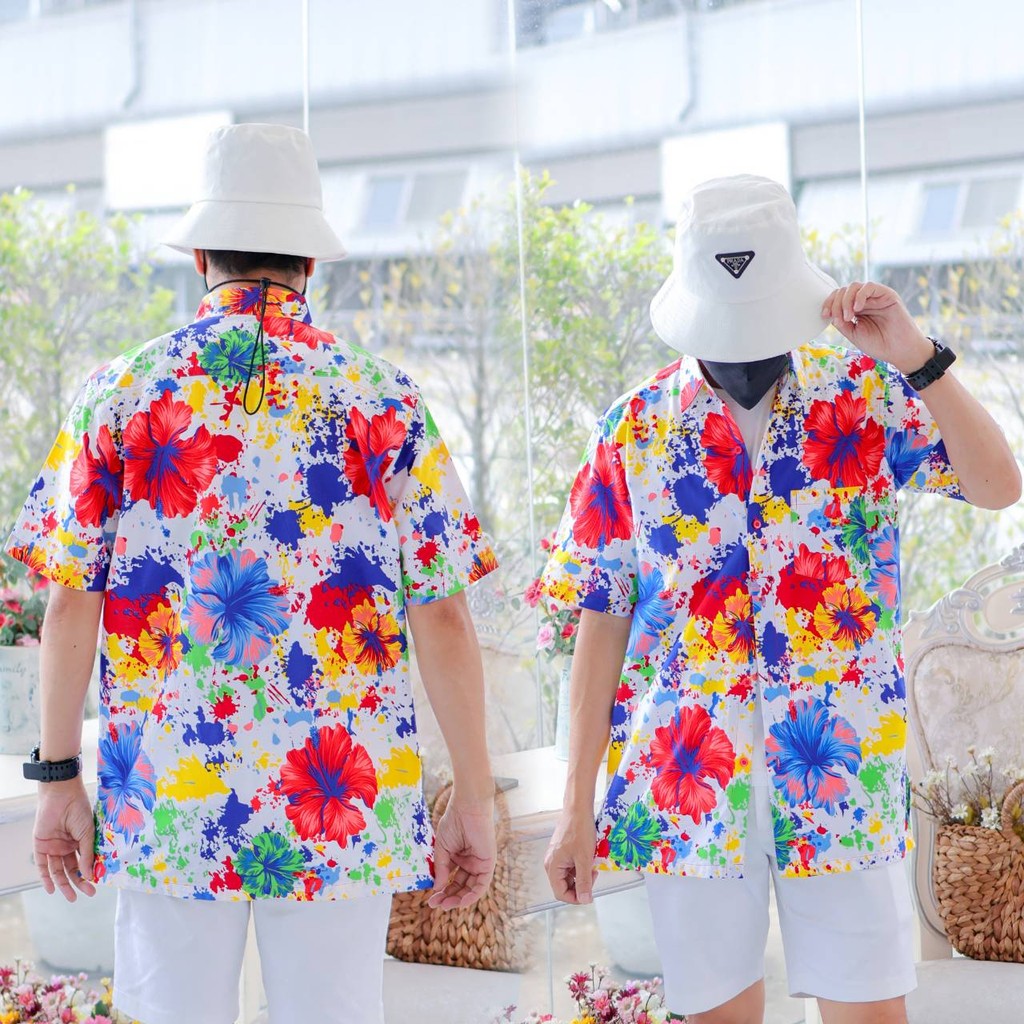 PINKรวมเสื้อเชิ้ตลายดอกผู้ชาย ทรงตรง ผ้าคอตตอน100% สีไม่ตก ผ้าไม่หด ลายคมชัด งานป้าย