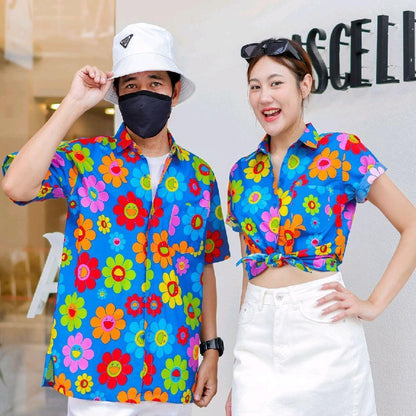 KING036เสื้อเชิ้ตลายยิ้ม  ผ้าคอตตอน100% สีไม่ตก ผ้าไม่หด ลายคมชัด มีไซส์หญิงชาย งานป้ายKTIERออกแบบเอง*1ตัว*