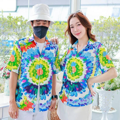 PINK3135เสื้อฮาวายลายมัดย้อม สีสันสดใส ไซส์S-8XL ผ้าโพลีพลีเมี่ยม ทรงวัยรุ่น หญิงชายใส่ได้ ลายคมชัด **1ตัว**