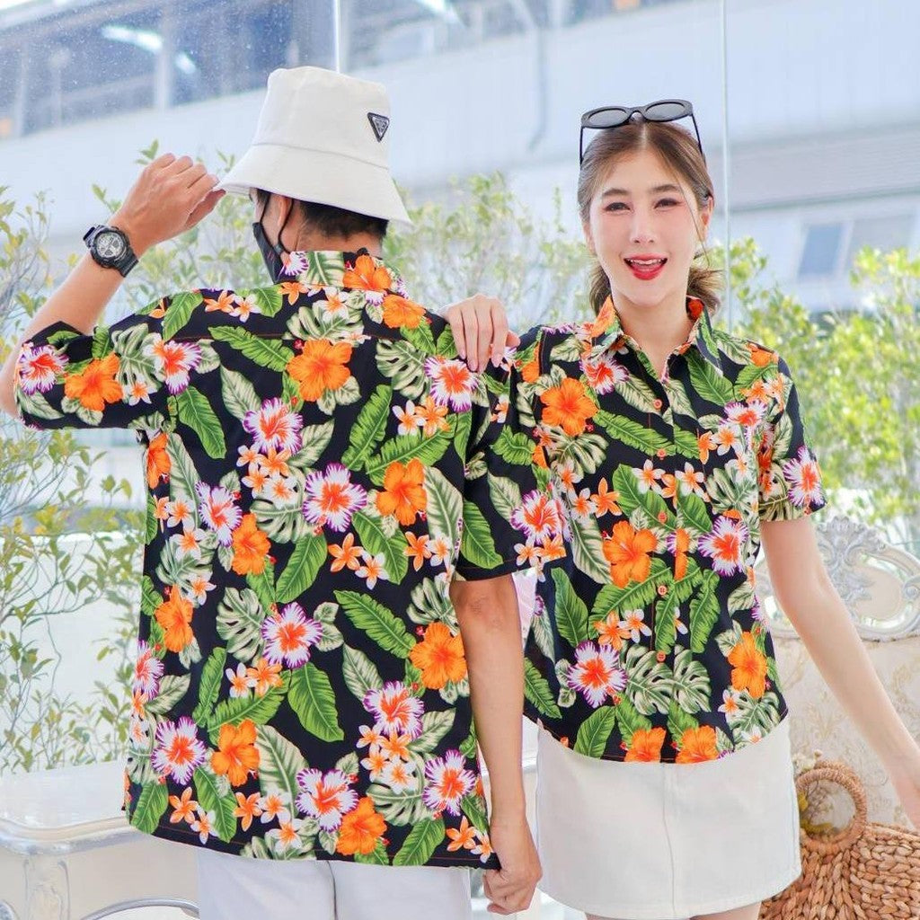 KING09 เสื้อเชิ้อสงกรานต์ลายดอก ผ้าคอตตอน100% สีไม่ตก ผ้าไม่หด ลายคมชัด มีไซส์หญิงชาย 34-56นิ้ว งานป้าย ออกแบบเอง*1ตัว*