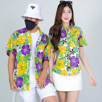 PINK030เสื้อเชิ้ตลายดอก ผ้าคอตตอน100% สีไม่ตก ผ้าไม่หดทลายคมชัด มีไซส์หญิงชาย34-56นิ้ว งานป้ายKTIER**1ตัว