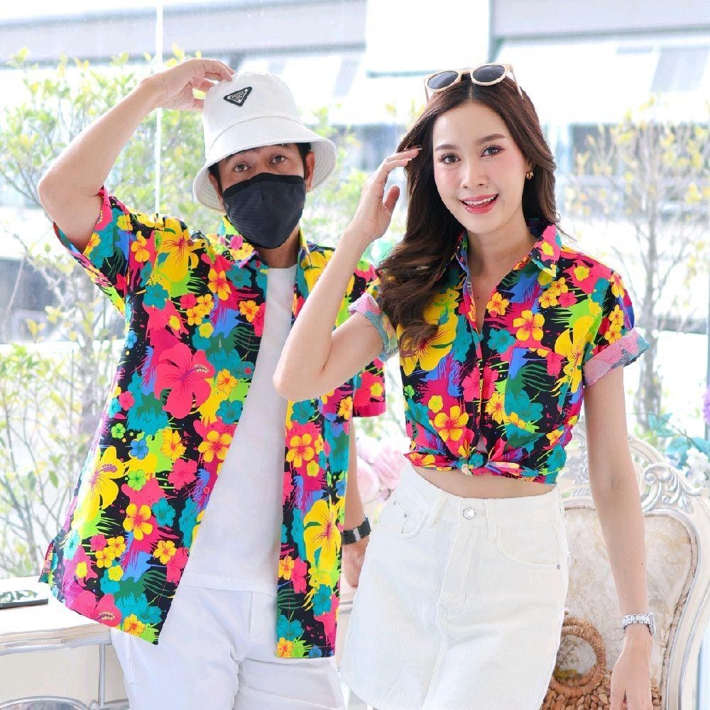 039เสื้อเชิ้ตลายดอก ผ้าคอตตอน100% สีไม่ตก ผ้าไม่หด ลายคมชัด มีไซส์หญิงชาย งานป้ายKTIERออกแบบเอง*1ตัว*