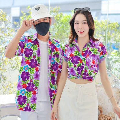 PINK023เสื้อเชิ้ตลายดอก ผ้าคอตตอน100% สีไม่ตก ผ้าไม่หดทลายคมชัด มีไซส์หญิงชาย34-56นิ้ว งานป้ายKTIER**1ตัว