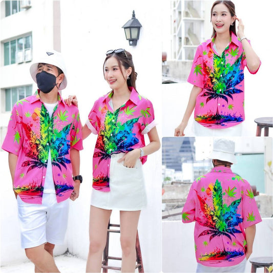 P3134เสื้อฮาวายลายใหม่2025 ทรงวัยรุ่น หญิงชายใส่ได้ ผ้าโพลีพรีเมี่ยม ไซส์38-56นิ้ว งานปัาย ลายคมชัด **1ตัว**