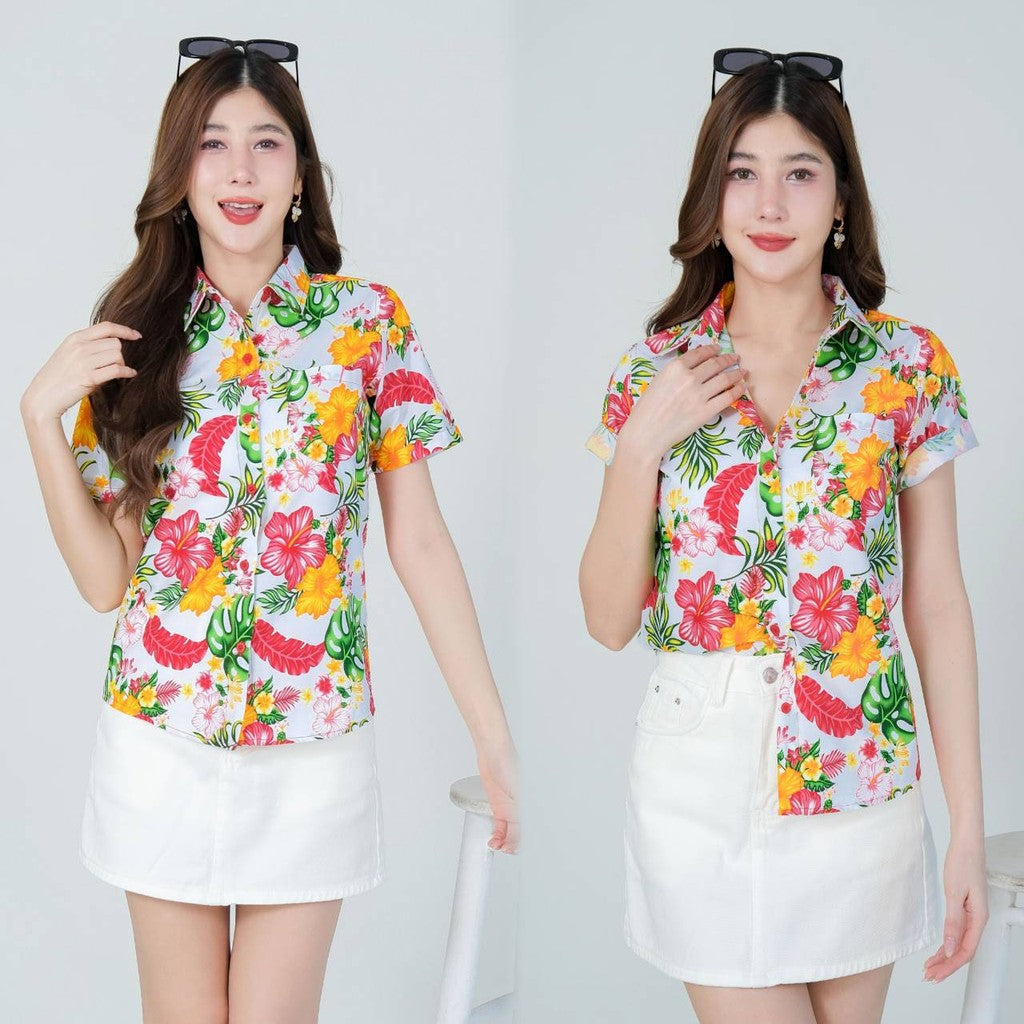 Pinkรวมเสื้อเชิ้ตลายดอก ผ้าคอตตอน100% สีไม่ตก ผ้าไม่หดทลายคมชัด ทรงเข้ารูป งานป้ายKTIER**1ตัว