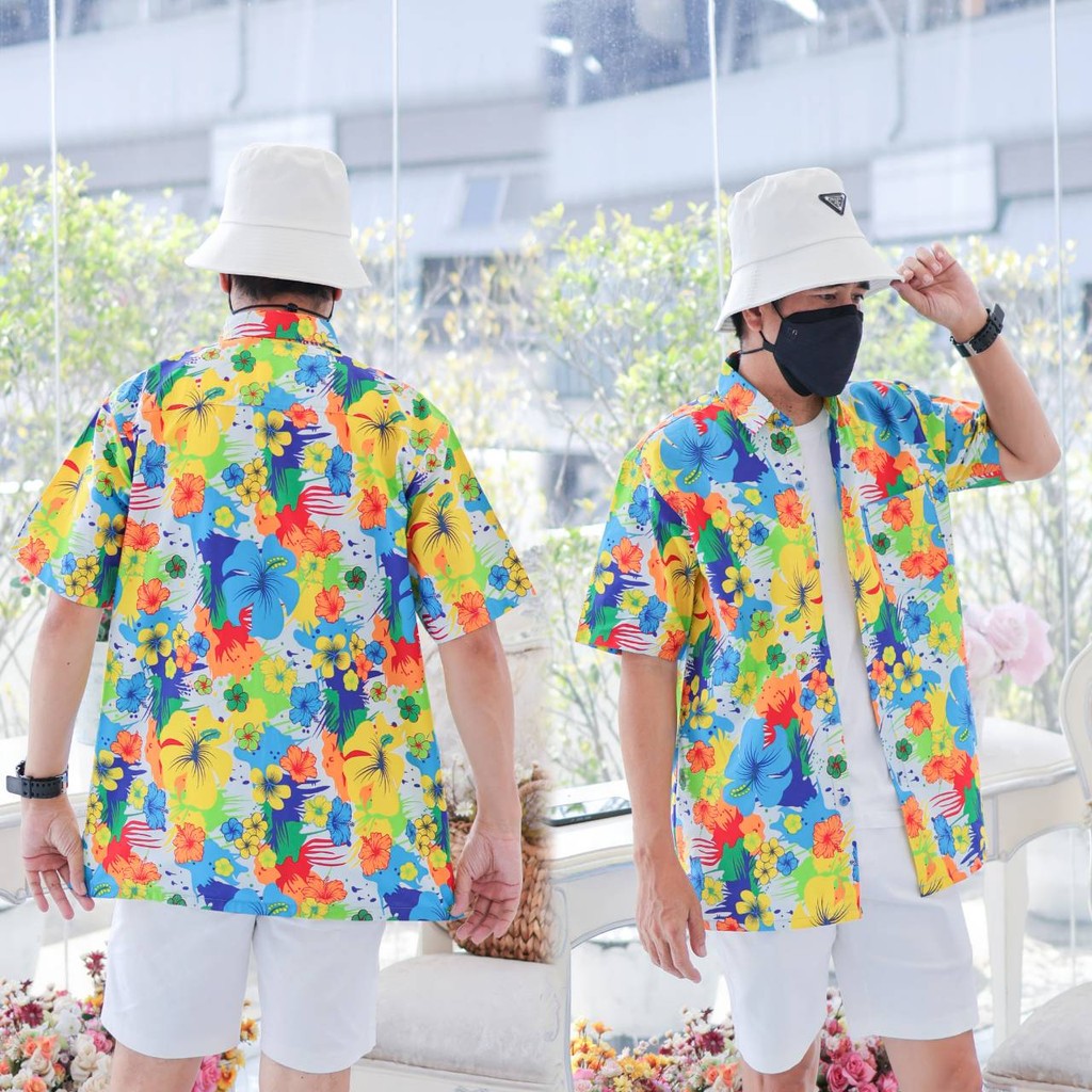 PINKรวมเสื้อเชิ้ตลายดอกผู้ชาย ทรงตรง ผ้าคอตตอน100% สีไม่ตก ผ้าไม่หด ลายคมชัด งานป้าย
