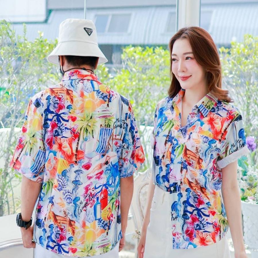 PINK08เสื้อฮาวาย ไซส์เด็ก-ผู้ใหญ่8XL ครบทีม ผ้าโพลีพลีเมี่ยม ทรงวัยรุ่น หญิงชายใส่ได้ ลายคมชัด **1ตัว**