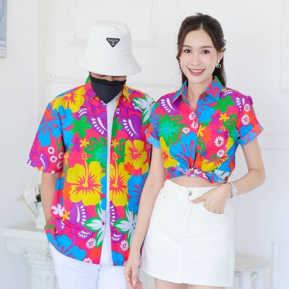 KING021เสื้อเชิ้ตลายยิ้ม  ผ้าคอตตอน100% สีไม่ตก ผ้าไม่หด ลายคมชัด มีไซส์หญิงชาย งานป้ายKTIERออกแบบเอง*1ตัว*