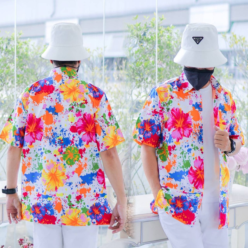 PINKรวมเสื้อเชิ้ตลายดอกผู้ชาย ทรงตรง ผ้าคอตตอน100% สีไม่ตก ผ้าไม่หด ลายคมชัด งานป้าย
