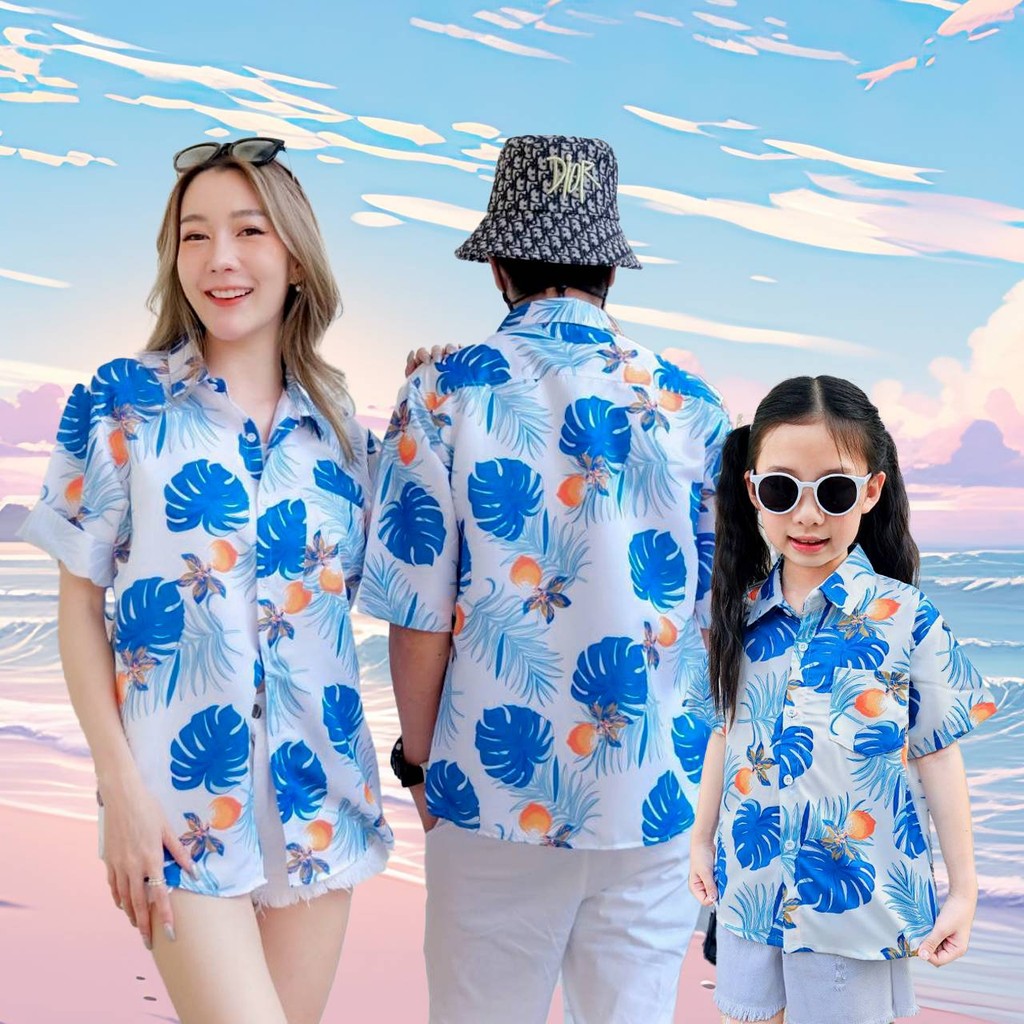 PINKP103เสื้อฮาวายลายดอก ไซส์เด็ก-ผู้ใหญ่8XL ครบทีม ผ้าโพลีพลีเมี่ยม ทรงวัยรุ่น หญิงชายใส่ได้ ลายคมชัด **1ตัว**