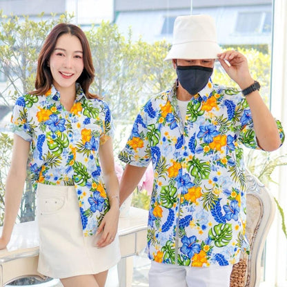 PINK028เสื้อเชิ้ตลายดอก ผ้าคอตตอน100% สีไม่ตก ผ้าไม่หดทลายคมชัด มีไซส์หญิงชาย34-56นิ้ว งานป้ายKTIER**1ตัว