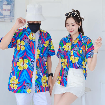PINK031เสื้อเชิ้ตลายดอก ผ้าคอตตอน100% สีไม่ตก ผ้าไม่หดทลายคมชัด มีไซส์หญิงชาย34-56นิ้ว งานป้ายKTIER**1ตัว
