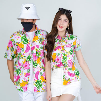 PINK028เสื้อเชิ้ตลายดอก ผ้าคอตตอน100% สีไม่ตก ผ้าไม่หดทลายคมชัด มีไซส์หญิงชาย34-56นิ้ว งานป้ายKTIER**1ตัว