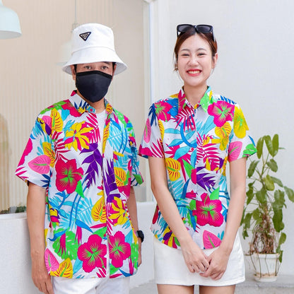 PINK033เสื้อเชิ้ตลายดอก ผ้าคอตตอน100% สีไม่ตก ผ้าไม่หด ลายคมชัด มีไซส์หญิงชาย งานป้ายKTIERออกแบบเอง*1ตัว*