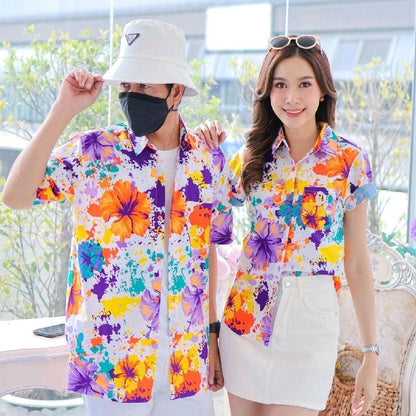 PINK038เสื้อเชิ้ตลายดอก ผ้าคอตตอน100% สีไม่ตก ผ้าไม่หด ลายคมชัด มีไซส์หญิงชาย งานป้ายKTIERออกแบบเอง*1ตัว*
