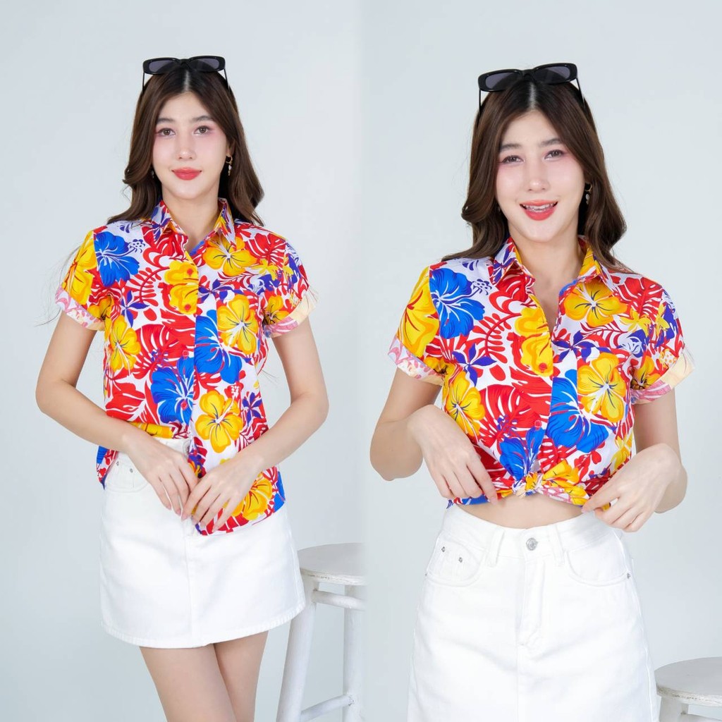 Pinkรวมเสื้อเชิ้ตลายดอก ผ้าคอตตอน100% สีไม่ตก ผ้าไม่หดทลายคมชัด ทรงเข้ารูป งานป้ายKTIER**1ตัว
