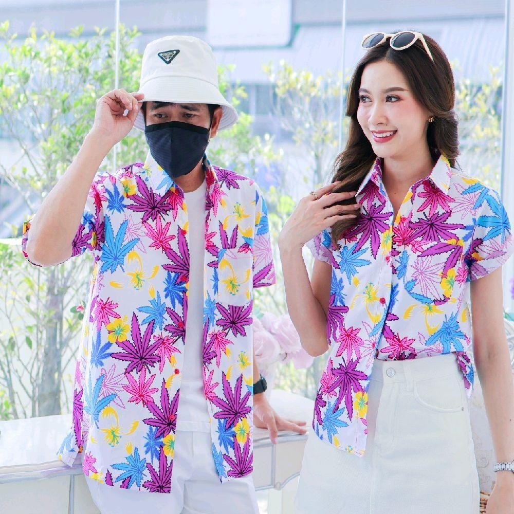 037เสื้อเชิ้ตลายดอก ผ้าคอตตอน100% สีไม่ตก ผ้าไม่หด ลายคมชัด มีไซส์หญิงชาย งานป้ายKTIERออกแบบเอง*1ตัว*