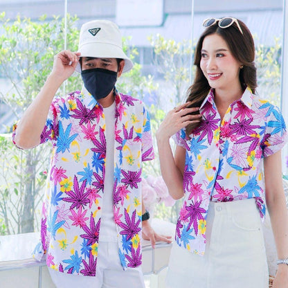 037เสื้อเชิ้ตลายดอก ผ้าคอตตอน100% สีไม่ตก ผ้าไม่หด ลายคมชัด มีไซส์หญิงชาย งานป้ายKTIERออกแบบเอง*1ตัว*