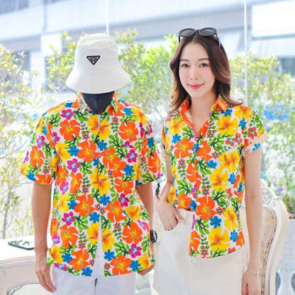 PINK023เสื้อเชิ้ตลายดอก ผ้าคอตตอน100% สีไม่ตก ผ้าไม่หดทลายคมชัด มีไซส์หญิงชาย34-56นิ้ว งานป้ายKTIER**1ตัว