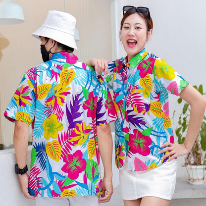 PINK033เสื้อเชิ้ตลายดอก ผ้าคอตตอน100% สีไม่ตก ผ้าไม่หด ลายคมชัด มีไซส์หญิงชาย งานป้ายKTIERออกแบบเอง*1ตัว*