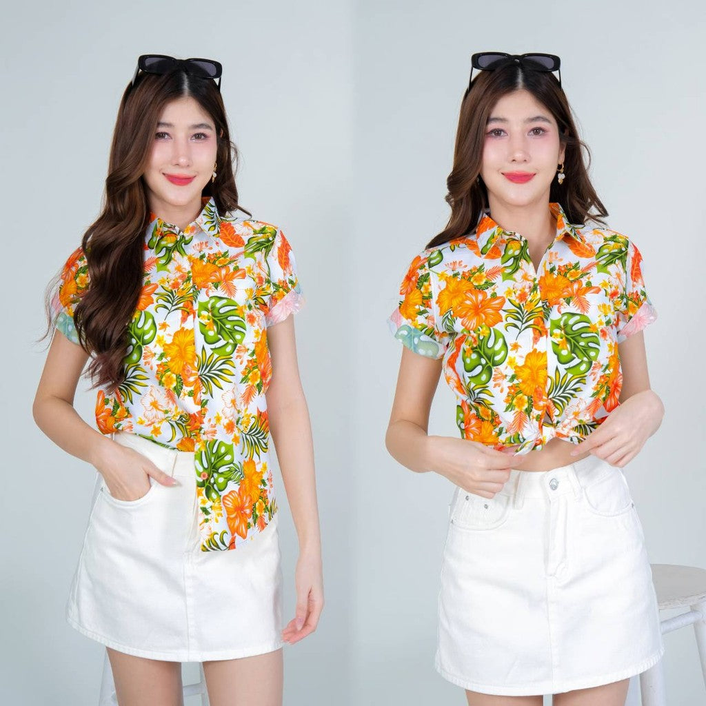 Pinkรวมเสื้อเชิ้ตลายดอก ผ้าคอตตอน100% สีไม่ตก ผ้าไม่หดทลายคมชัด ทรงเข้ารูป งานป้ายKTIER**1ตัว