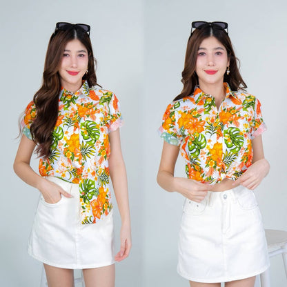 Pinkรวมเสื้อเชิ้ตลายดอก ผ้าคอตตอน100% สีไม่ตก ผ้าไม่หดทลายคมชัด ทรงเข้ารูป งานป้ายKTIER**1ตัว
