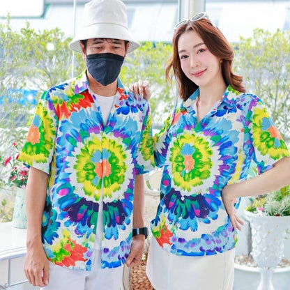 PINK3135เสื้อฮาวายลายมัดย้อม สีสันสดใส ไซส์S-8XL ผ้าโพลีพลีเมี่ยม ทรงวัยรุ่น หญิงชายใส่ได้ ลายคมชัด **1ตัว**