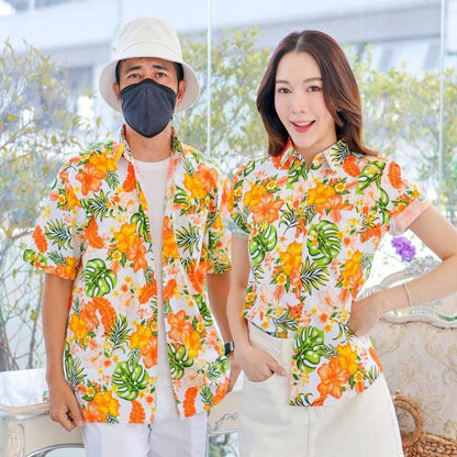PINK028เสื้อเชิ้ตลายดอก ผ้าคอตตอน100% สีไม่ตก ผ้าไม่หดทลายคมชัด มีไซส์หญิงชาย34-56นิ้ว งานป้ายKTIER**1ตัว