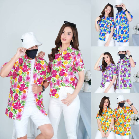 PINK023เสื้อเชิ้ตลายดอก ผ้าคอตตอน100% สีไม่ตก ผ้าไม่หดทลายคมชัด มีไซส์หญิงชาย34-56นิ้ว งานป้ายKTIER**1ตัว