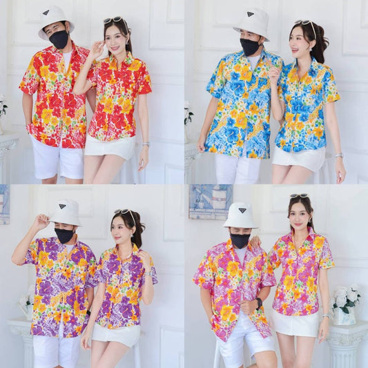 Pink019เสื้อเชิ้ตลายดอก ผ้าคอตตอน100% สีไม่ตก ผ้าไม่หดทลายคมชัด มีไซส์หญิงชาย34-56นิ้ว งานป้ายKTIER**1ตัว