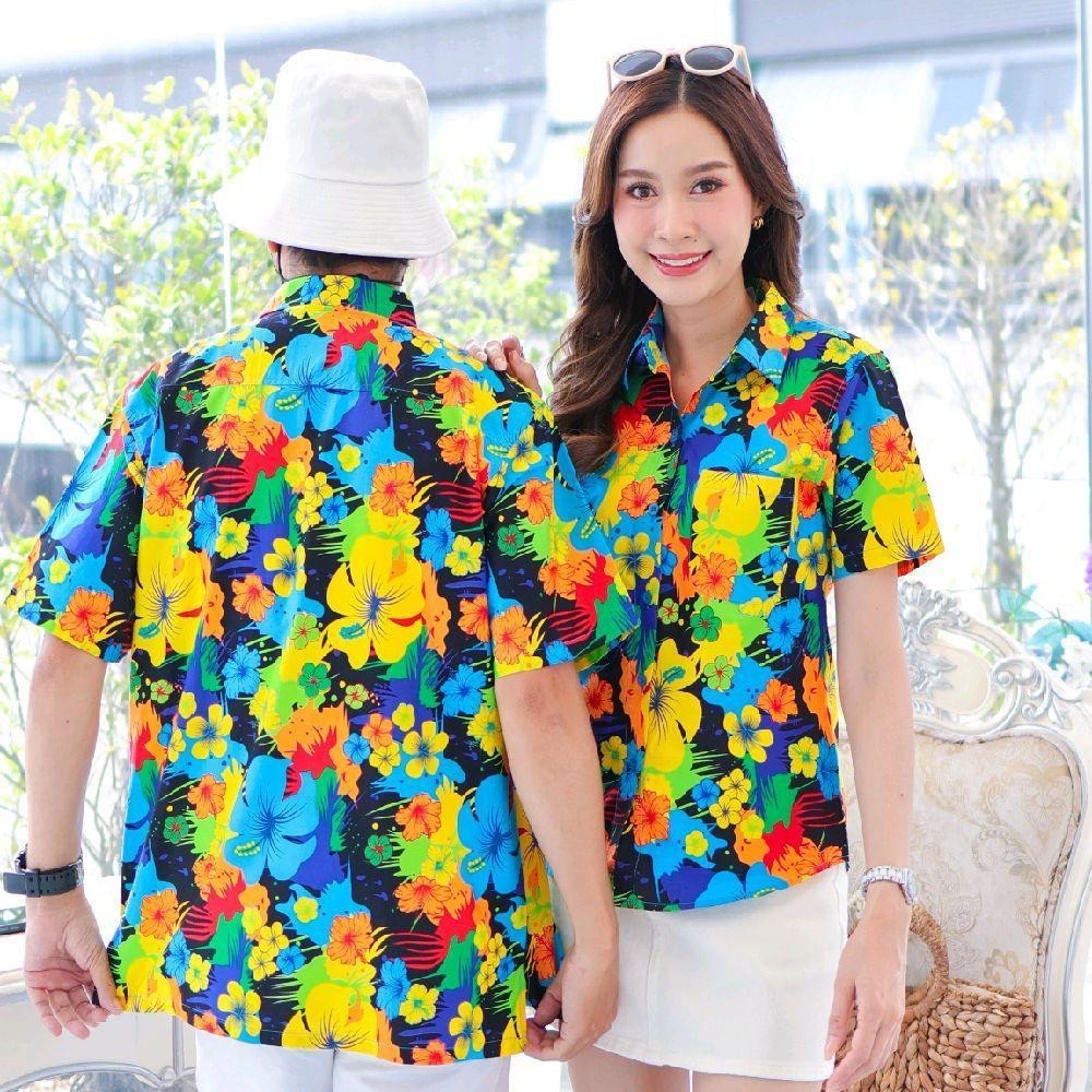 039เสื้อเชิ้ตลายดอก ผ้าคอตตอน100% สีไม่ตก ผ้าไม่หด ลายคมชัด มีไซส์หญิงชาย งานป้ายKTIERออกแบบเอง*1ตัว*