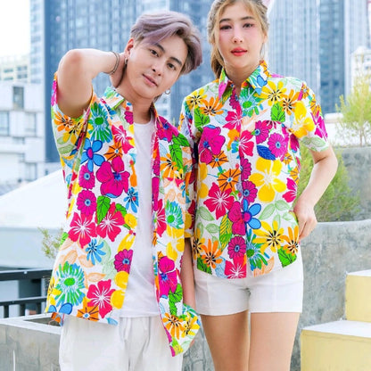PINKเสื้อสงกรานต์ลายดอก ผ้าคอตตอน100% มีไซส์หญิง ชาย รุ่น0003