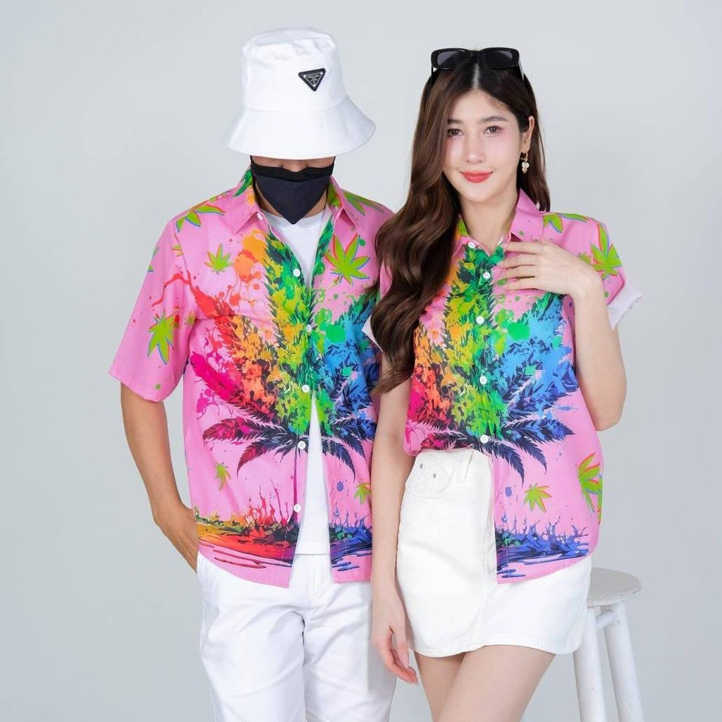 PINK3134 เสื้อฮาวายลายใหม่2025 ทรงวัยรุ่น หญิงชายใส่ได้ ผ้าโพลีพรีเมี่ยม ไซส์S-8XL งานปัาย ลายคมชัด  **1ตัว**