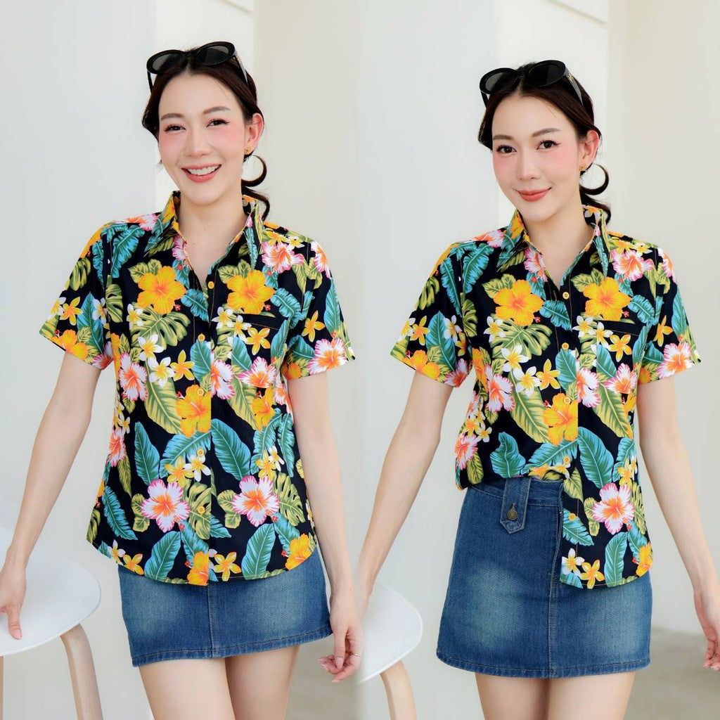 PINKรวมเสื้อเชิ้ตลายดอก2025 เสื้อสงกรานต์ลายดอก ผ้าคอตตอน100% สีไม่ตก ผ้าไม่หด