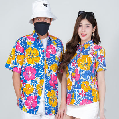 PINK030เสื้อเชิ้ตลายดอก ผ้าคอตตอน100% สีไม่ตก ผ้าไม่หดทลายคมชัด มีไซส์หญิงชาย34-56นิ้ว งานป้ายKTIER**1ตัว
