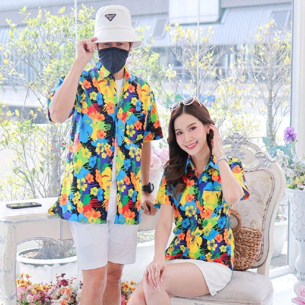 039เสื้อเชิ้ตลายดอก ผ้าคอตตอน100% สีไม่ตก ผ้าไม่หด ลายคมชัด มีไซส์หญิงชาย งานป้ายKTIERออกแบบเอง*1ตัว*