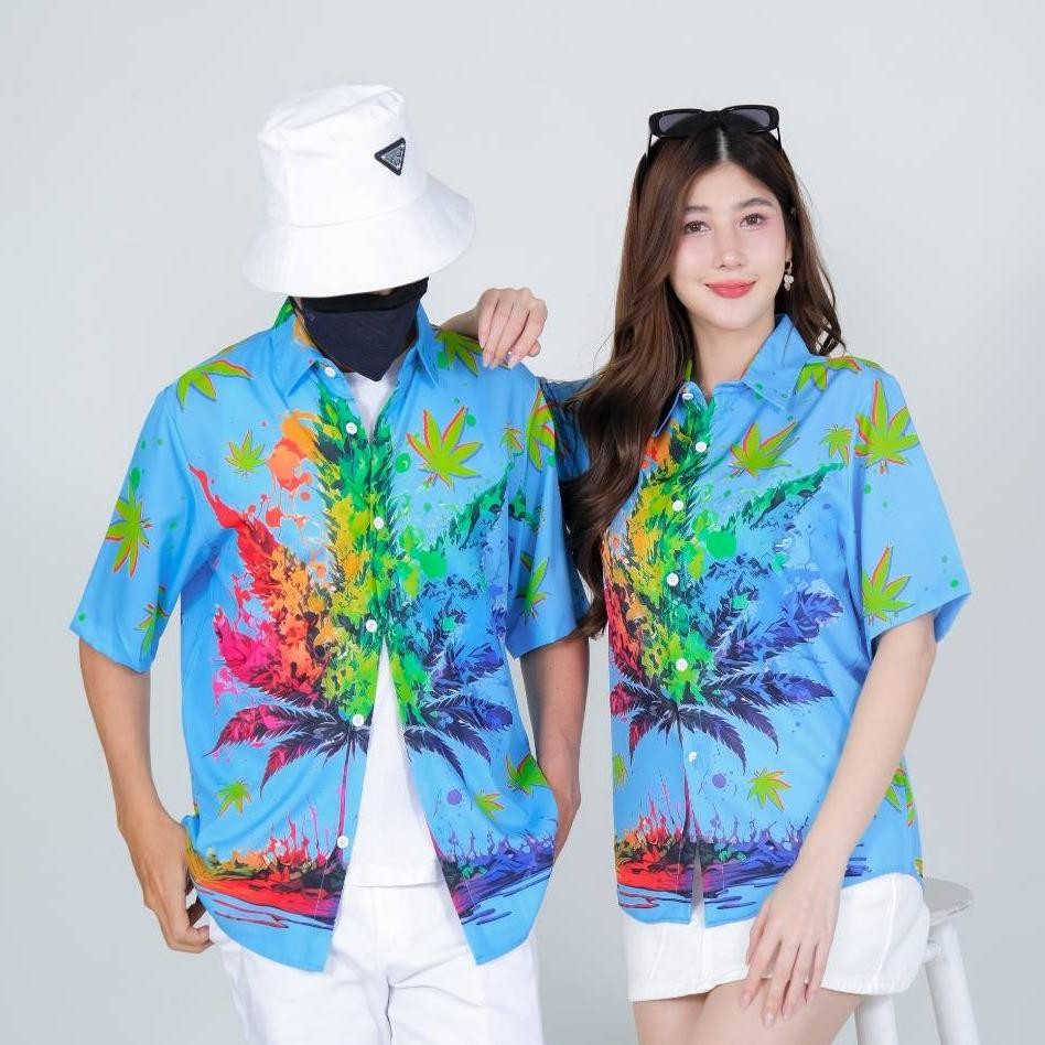 PINK3134 เสื้อฮาวายลายใหม่2025 ทรงวัยรุ่น หญิงชายใส่ได้ ผ้าโพลีพรีเมี่ยม ไซส์S-8XL งานปัาย ลายคมชัด  **1ตัว**