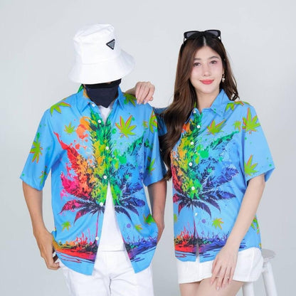 PINK3134 เสื้อฮาวายลายใหม่2025 ทรงวัยรุ่น หญิงชายใส่ได้ ผ้าโพลีพรีเมี่ยม ไซส์S-8XL งานปัาย ลายคมชัด  **1ตัว**