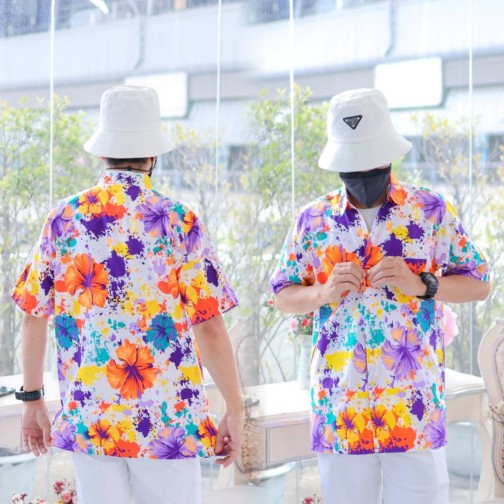 PINKรวมเสื้อเชิ้ตลายดอกผู้ชาย ทรงตรง ผ้าคอตตอน100% สีไม่ตก ผ้าไม่หด ลายคมชัด งานป้าย