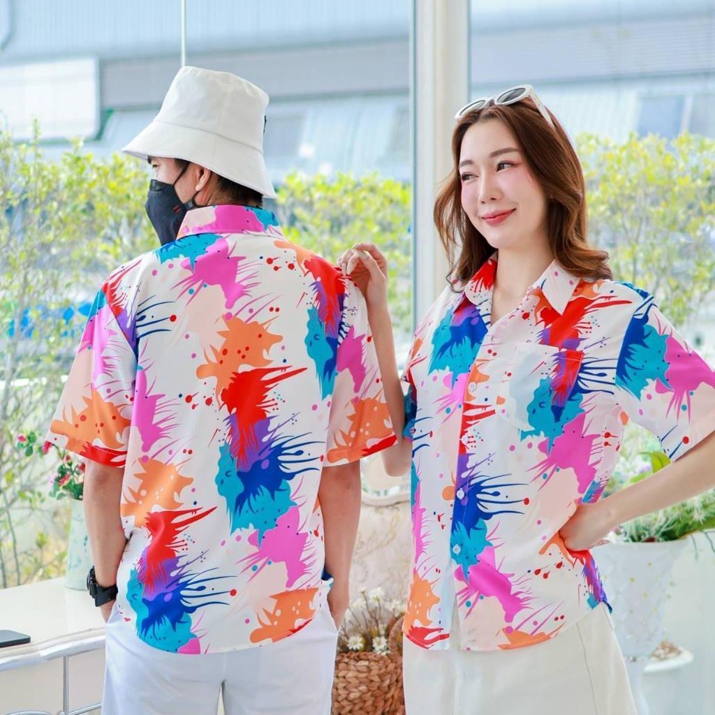 PINK3138เสื้อฮาวายสาดสี สีสันสดใส ไซส์S-8XL ผ้าโพลีพลีเมี่ยม ทรงวัยรุ่น หญิงชายใส่ได้ ลายคมชัด **1ตัว**