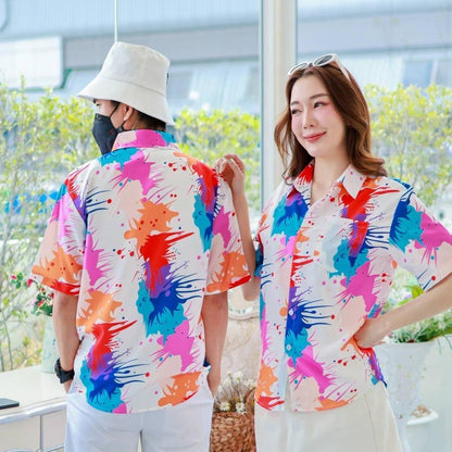 PINK3138เสื้อฮาวายสาดสี สีสันสดใส ไซส์S-8XL ผ้าโพลีพลีเมี่ยม ทรงวัยรุ่น หญิงชายใส่ได้ ลายคมชัด **1ตัว**