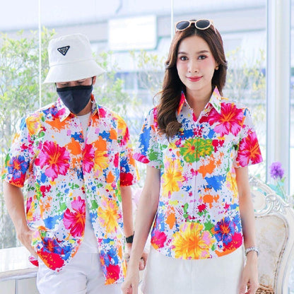 PINK038เสื้อเชิ้ตลายดอก ผ้าคอตตอน100% สีไม่ตก ผ้าไม่หด ลายคมชัด มีไซส์หญิงชาย งานป้ายKTIERออกแบบเอง*1ตัว*