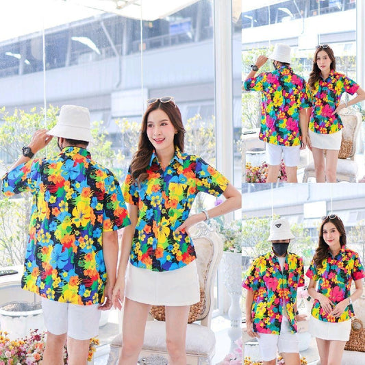 039เสื้อเชิ้ตลายดอก ผ้าคอตตอน100% สีไม่ตก ผ้าไม่หด ลายคมชัด มีไซส์หญิงชาย งานป้ายKTIERออกแบบเอง*1ตัว*