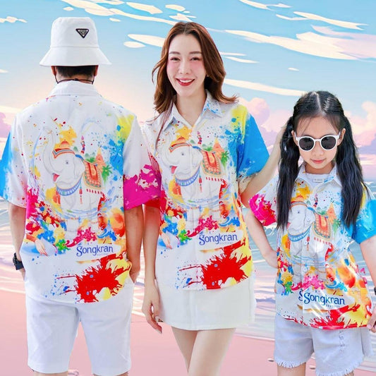 PINK3117เสื้อฮาวายลายช้างSongkran ไซส์เด็ก-ผู้ใหญ่8XL ครบทีม ผ้าโพลีพลีเมี่ยม ทรงวัยรุ่น หญิงชายใส่ได้ ลายคมชัด **1ตัว**