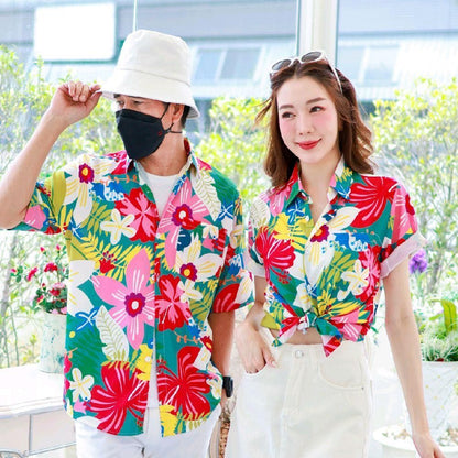 PINK03เสื้อฮาวายลายดอก ไซส์เด็ก-ผู้ใหญ่8XL ครบทีม ผ้าโพลีพลีเมี่ยม ทรงวัยรุ่น หญิงชายใส่ได้ ลายคมชัด **1ตัว**