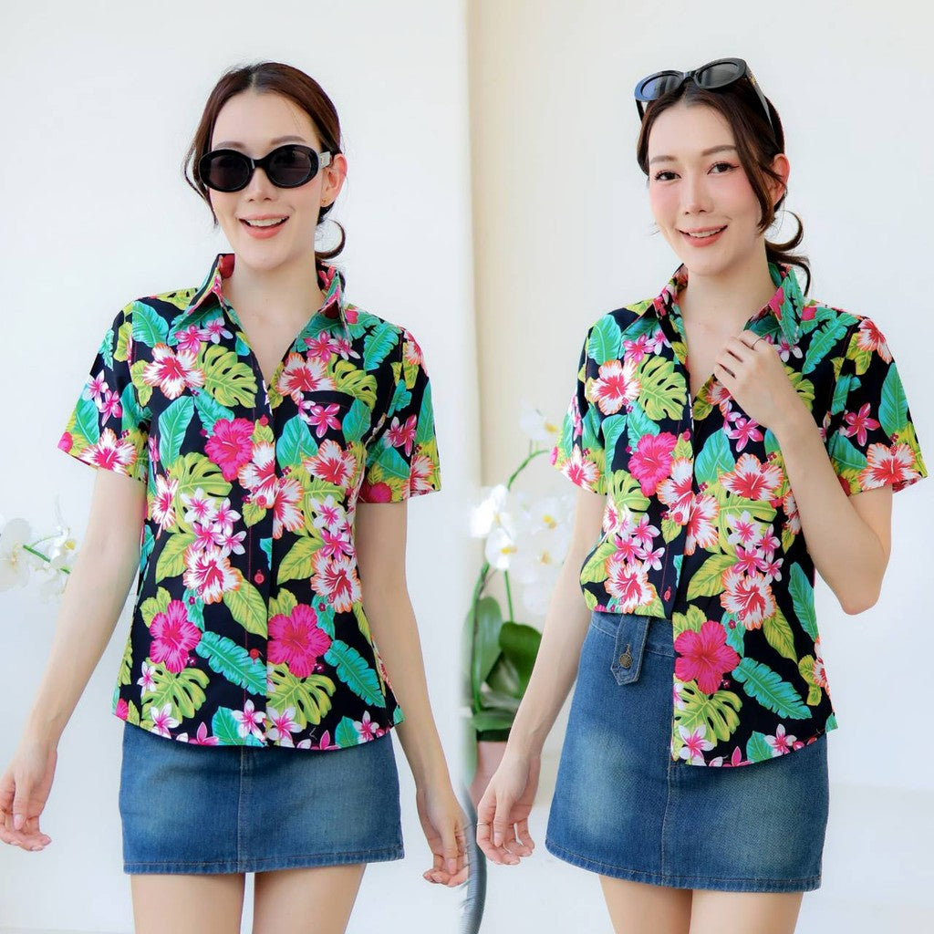 PINKรวมเสื้อเชิ้ตลายดอก2025 เสื้อสงกรานต์ลายดอก ผ้าคอตตอน100% สีไม่ตก ผ้าไม่หด