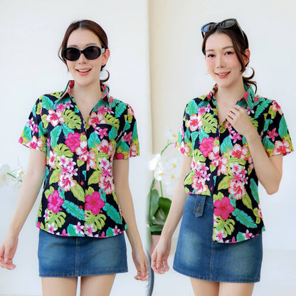PINKรวมเสื้อเชิ้ตลายดอก2025 เสื้อสงกรานต์ลายดอก ผ้าคอตตอน100% สีไม่ตก ผ้าไม่หด